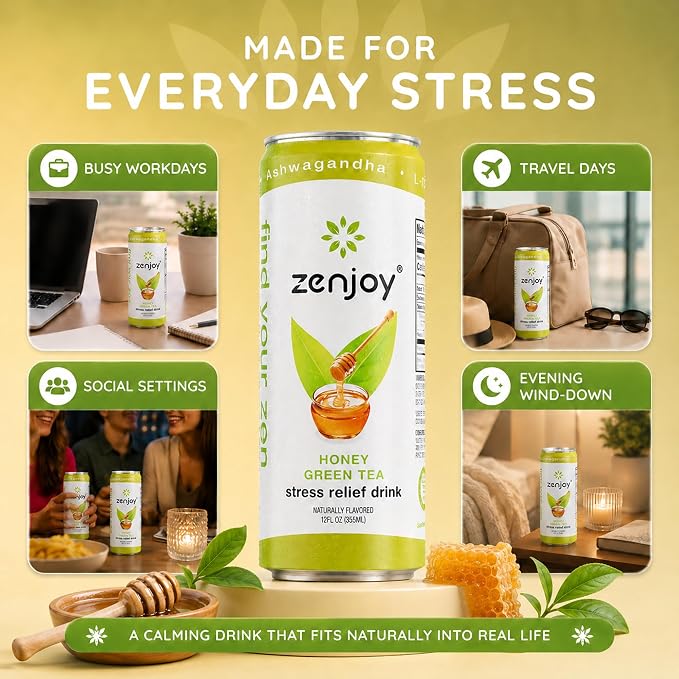 Adaptogen Drink Stress Relief Tea | Non Alcoholic Calming Drink w/Ashwagandha, Lemon Balm & L-Theanine for Focus | Stress Tea Calming Social Mocktail with Adaptogens (12 Pack, Honey)