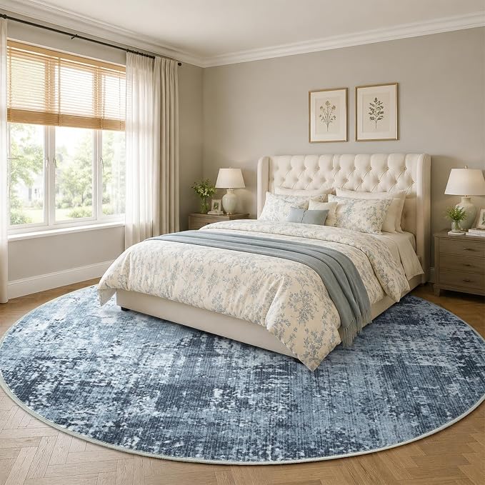 6Ft Round Area Rugs for Living Room, Soft Non-Slip Washable Rugs Modern Abstract Pattern Carpet for Bedroom Indoor Floor Nursery Home Decor (Blue)