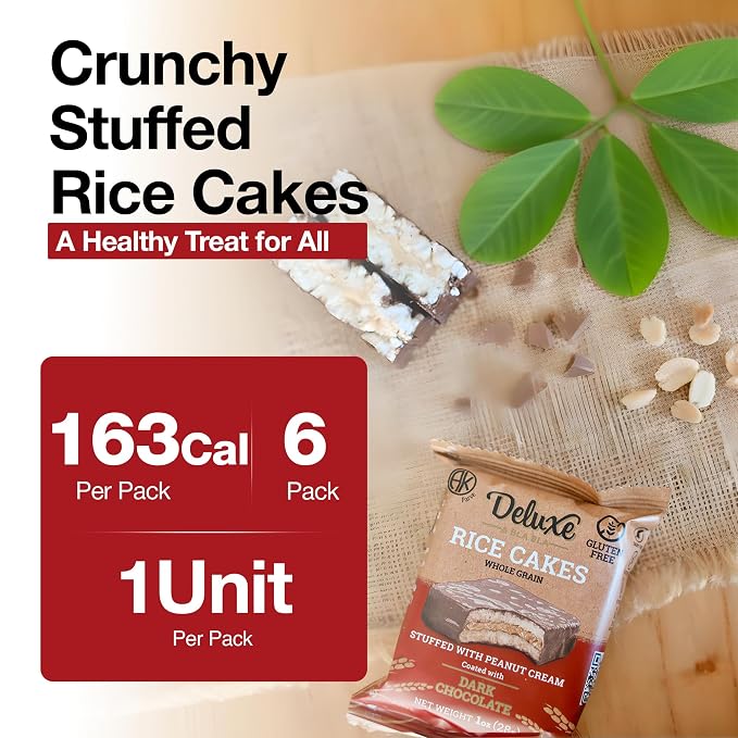 Deluxe & Bla Bla Stuffed Rice Cakes - Whole Grain Chocolate Rice Cake,Gluten Free,Low Calorie,Kosher Certified - peanut cream Filled Rice Cakes coated with Dark Chocolate, 28g Each (6 Pack)