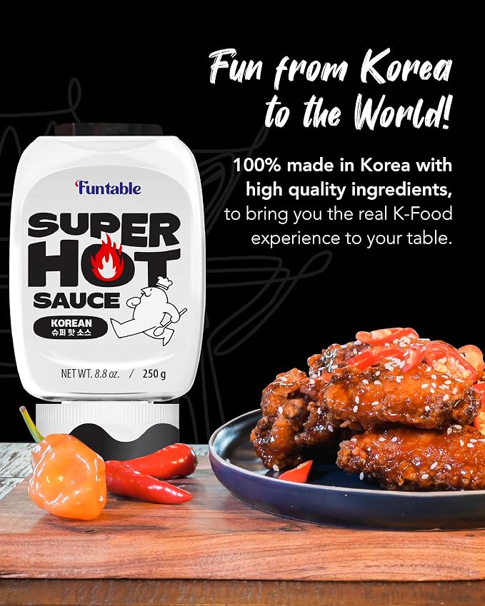 Funtable Halal Super Hot Sauce - Spicy Korean Chicken Condiment, 8.8 oz | Fiery, Tangy Flavor for Wings, Nuggets, Fries, Burgers and BBQ; Ready-to-Use Dip, Marinade or Cooking Glaze