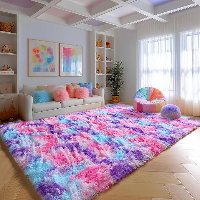 PAGISOFE Rainbow Purple Rugs for Girls Bedoom 5x8 Ft, Fluffy Cute Colorful Pastel Girls Rug, Plush Kawaii Rugs for Kids Room, Playroom Hot Pink Purple Bedroom Decor Ultra Soft Princess Carpet