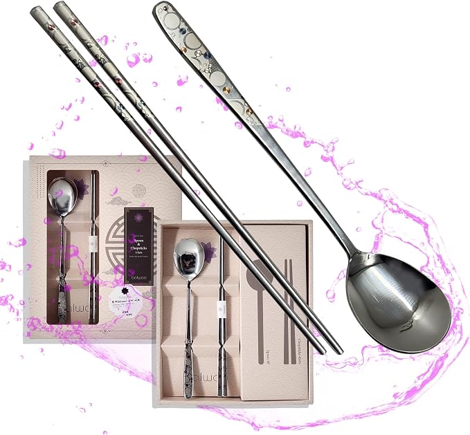 [5 Sets][Made in Korea] Sticky Korean Style Rice Spoon Chopsticks Set 430 Stainless Steel Soup Spoon Ramen Noodle Chopsticks Flatware (The Milky Way)