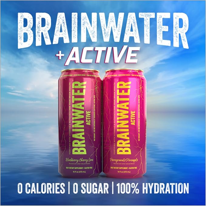 BrainJuice BrainWater Calm, Water for Clean Energy, Focus & Relaxation Support, Gluten Free, Zero Sugar Drinks with Ashwagandha, Alpha GPC, Vitamin C & B, Organic Green Tea, 8 Pack (Blackberry Cherry Lime)