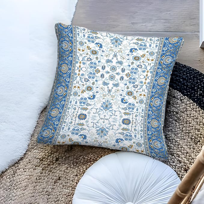 Boho Floral Throw Pillow Covers 20x20 inch Set of 2,Blue Boho Rug Geometric Floral Pattern Decor Double Sided Pattern Cushion Cover Soft Pillow Case Living Sofa Room Bed Square Pillow Cover