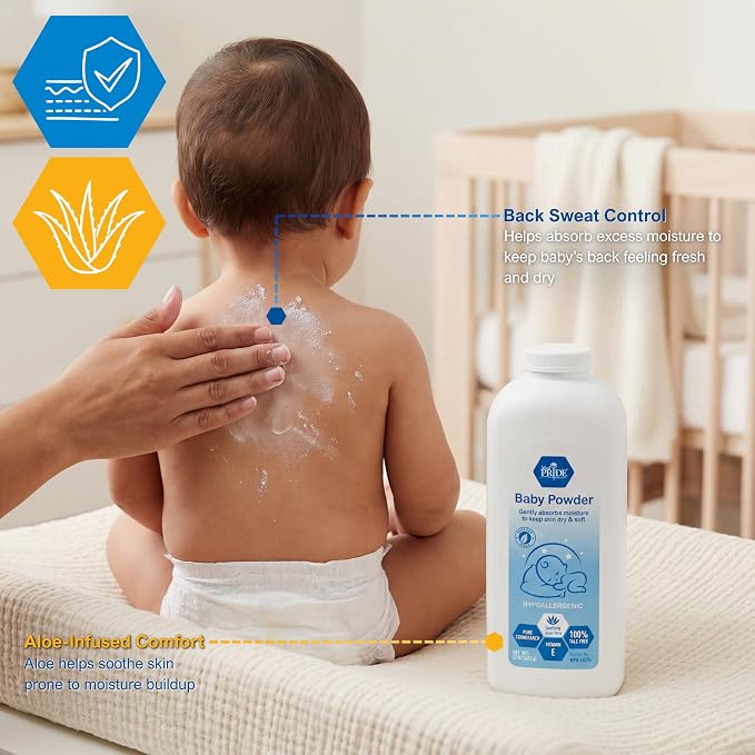 MED PRIDE Baby Powder Talc Free Cornstarch Formula with Aloe Vera and Vitamin E, Hypoallergenic Skin Care for Diaper Changes and Daily Use, 22 Ounce Bottle