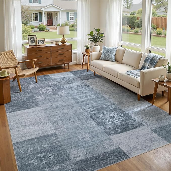 UERMEI 10x12 Area Rug for Living Room - Washable Vintage Carpet, Non-Slip Soft Large Indoor Floor Rugs for Bedroom Home Office & Under Dining Table Decor, Blue Block