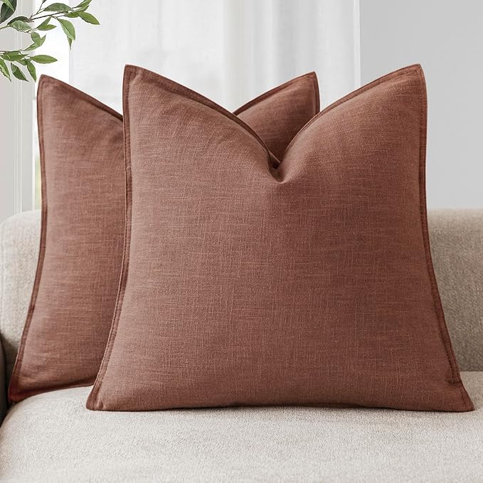 Foindtower Pack of 2, Decorative Linen Solid Throw Pillow Covers Soft Accent Euro Cushion Case Boho Farmhouse Pillowcase for Chair Couch Sofa Bedroom Living Room Home Decor 26 x 26 Inch Rust Red