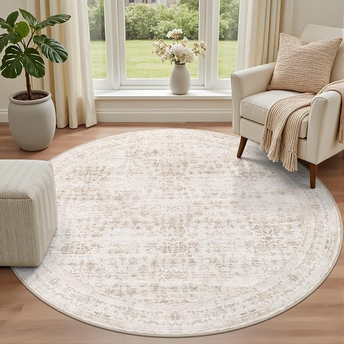 Round Area Rug for Living Room: 4 ft Washable Vintage Boho Soft Thin Circle Rug Indoor Floor No Slip Stain Resistant Carpet for Bedroom Dining Room Farmhouse Nursery Home Office -Beige Brown