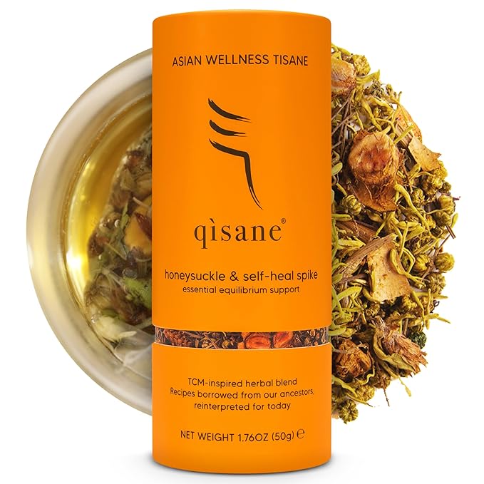 Qìsane Organic Honeysuckle Tea Bags with Chinese Medicinal Plants - Dried Honeysuckle Flowers, Self Heal Spike, Lemon Verbena & Monkfruit to Help Support Detox - 10 Loose Leaf Tea sachets (~30 cups)