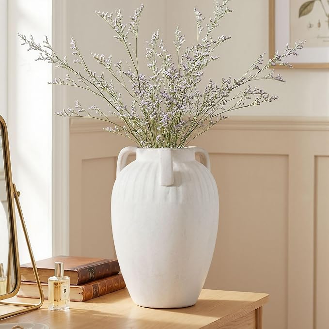 Ceramic Flower Vase with Handles, 8.86 inch Tall Ceramic Vase Home Decor Vintage Terracotta Rustic Vase for Bouquet Pottery Barn Decor Large Vases for Living Room Bathroom Modern Farmhouse, White