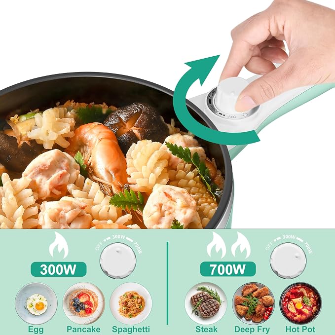 Dezin Hot Pot Electric, 1.5L Non-Stick Portable Electric Pot, Dual Power | 700W Upgraded Electric Pot for Cooking Steak, Egg, Oatmeal, Soup, Mini Ramen Cooker for Dorm, Travel, Office, RV, Green Pan