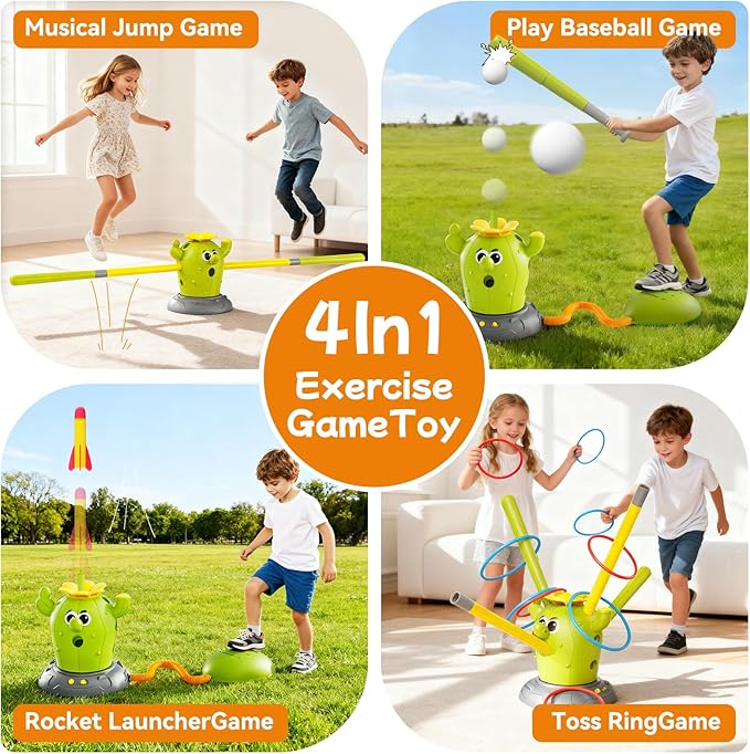 Cactus 4 in 1 Musical Jumping Toys, Toss Ring Game and Stomping Rocket Launcher for Kids Age 3-8, Baseball Sport Toy for Indoor & Outdoor Birthday Gifts for Toddler Boys & Girls (Cactus-C)