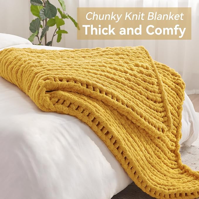 Negwoo Chunky Knit Throw Blanket, Knitted Throw Chenille Yarn, 30"*40" | Soft Thick Cable Knitted Blankets, Handmade Big Thick Blanket, Machine Washable Cute Comfy Blanket for Home Decor, Yellow