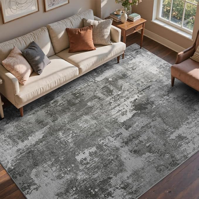 8x10 Ft Large Area Rugs for Living Room, Soft Non-Slip Washable Rugs Modern Abstract Pattern Carpet for Bedroom Indoor Floor Nursery Home Decor (Dark Grey)