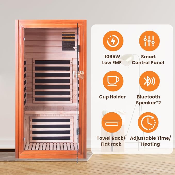 OUTEXER Far Infrared Sauna Dry Saunas 1065W Indoor Home Sauna Low EMF 110V with Control Panel 7 Color Light 31.5"x31.5"x63"