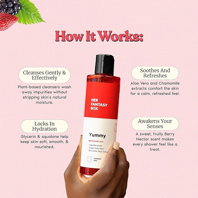 Her Fantasy Box Yummy | Body Wash - Indulgent, Luxurious Body Wash for Deep Cleansing, Moisturizing, and Nourishing Skin - Refreshing Scent for All Skin Types - 8 oz Shelf Life of 500 Days.