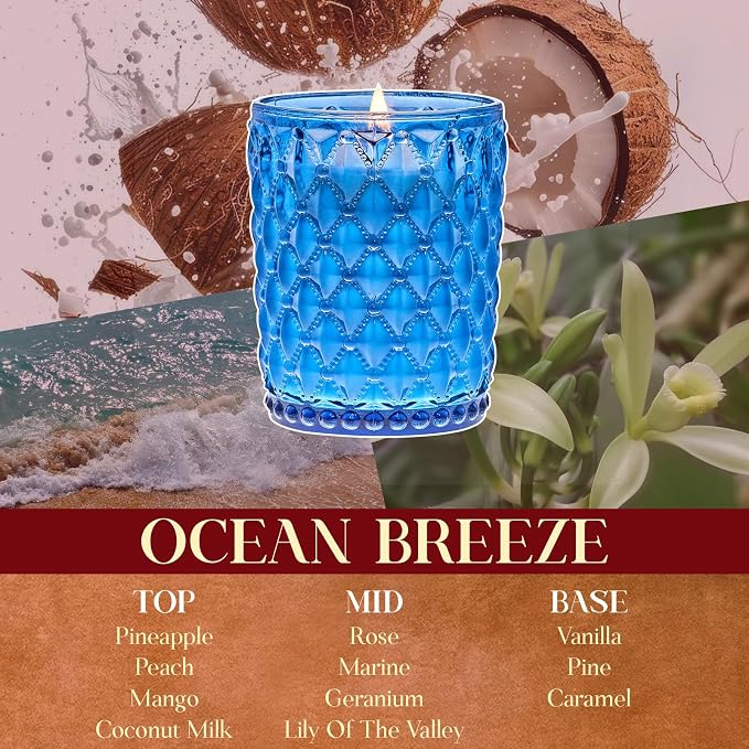 M&SENSE 16.6oz Wood Wick Scented Candle, Non Toxic Soy Wax with Crackling Wick, Ocean Breeze Scent 100H Burn Long Lasting for Bedroom Kitchen Home Decor, Housewarming Gifts for Family Friends