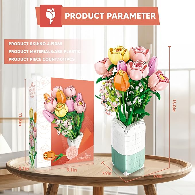 Flowers Bouquet Building Set Tulips Camellia with Vase for Adult -1011pcs