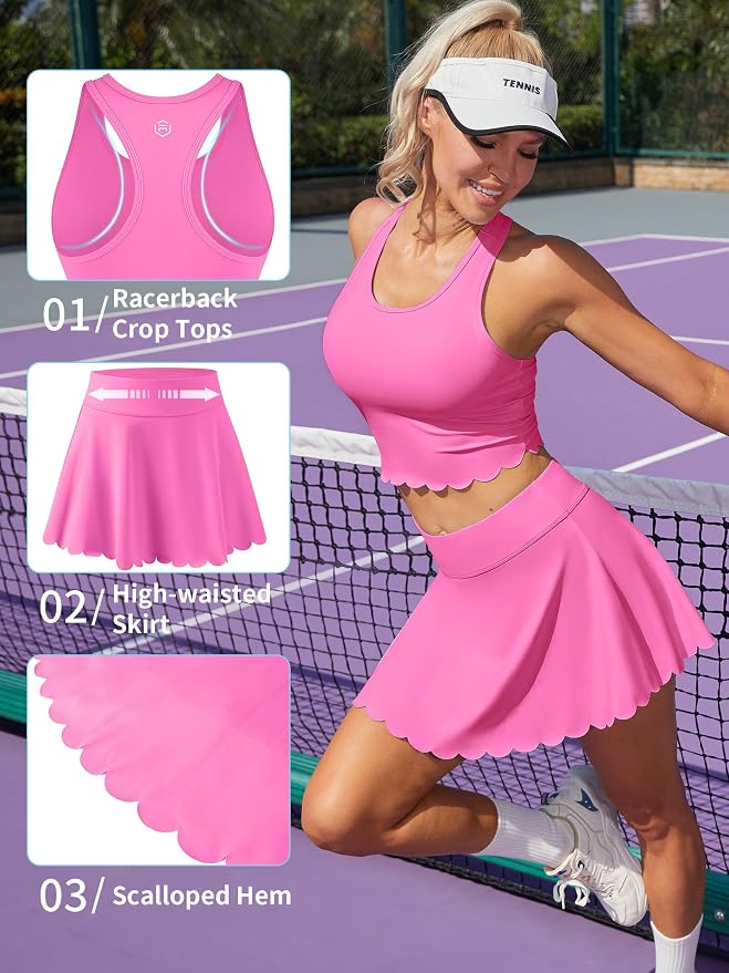 ATTRACO Tennis Outfits for Women Racerback Golf Dress Workout Dress | Athletic Skirt Set, Built-in Shorts, 2 Pockets, Scalloped, Racerback, High Waisted, Pickleball, Workout Set