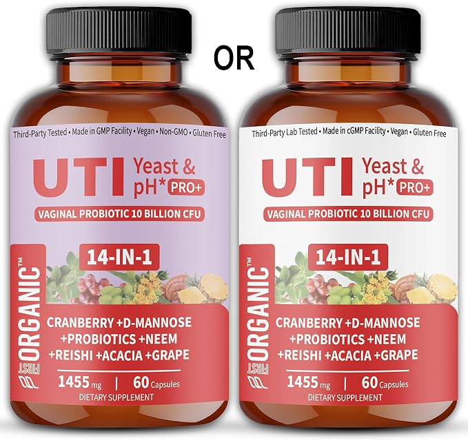 UTI Yeast & pH Pro+ | Pack of 2 | Daily Feminine Hydration & Balance Support with Cranberry, D-Manose, Aloe, Hibiscus | Third-Party Lab Tested | 60+60 Caps