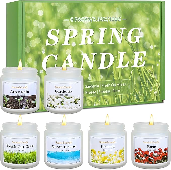 Spring Summer Scented Candles, 6 Pack Soy Wax Candles for Home Scented, 21 oz Aromatherapy Candle Gift Set for Women & Men, Freesia/Rose/After Rain/Gardenia/Fresh Cut Grass/Ocean Breeze