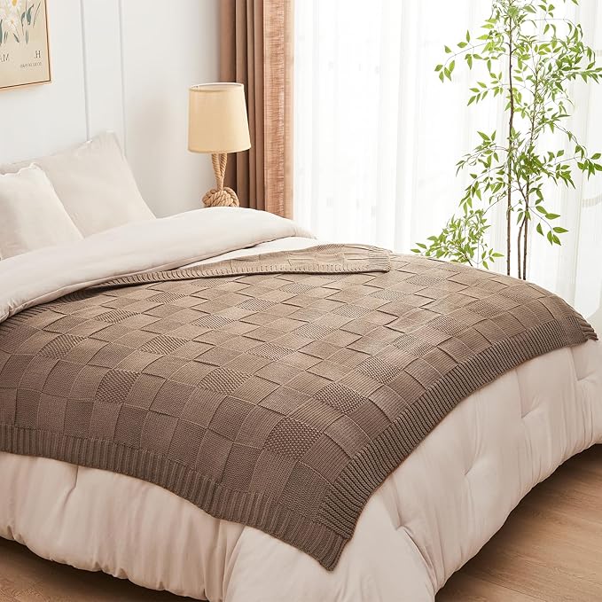 CozeCube Light Brown Knitted Checkered Throw Blanket 60"X80" | Check Knit Throw for Couch, Decorative Christmas Soft Cozy Warm Blanket for Bed Sofa Living Room