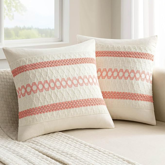 MIULEE Set of 2 Coral Red Boho Decorative Pillow Covers 20x20 Inch | Farmhouse Couch Throw Pillows Modern Spring Cotton Cushion CoversMacrame Woven Home Decor for Bed Sofa Chair