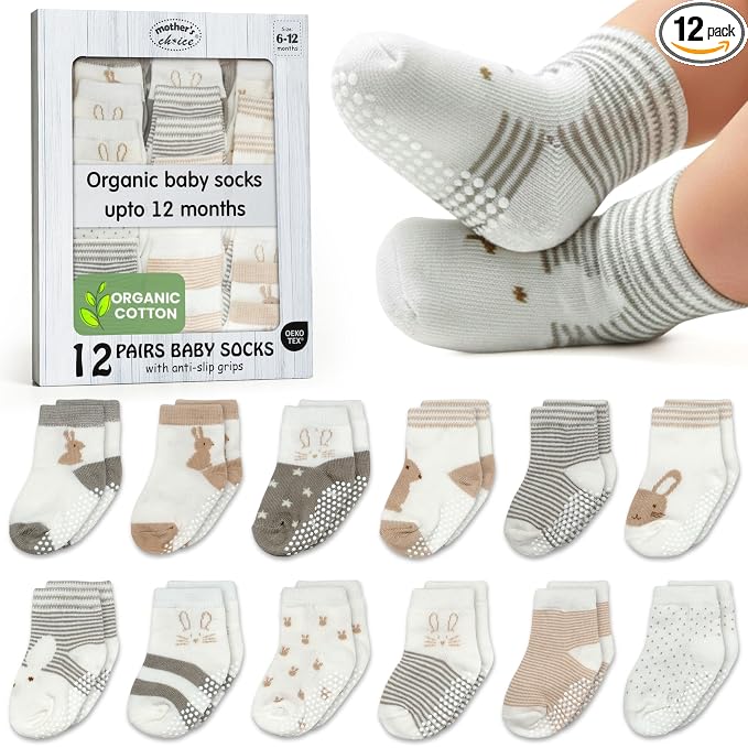 Mother's Choice Organic Cotton Baby Socks 6-12 Months - 12 pairs Soft and Cozy Infant Grip Socks, Gentle Newborn Socks, Perfect For Baby Registry Sock For Everyday Comfort For Infant