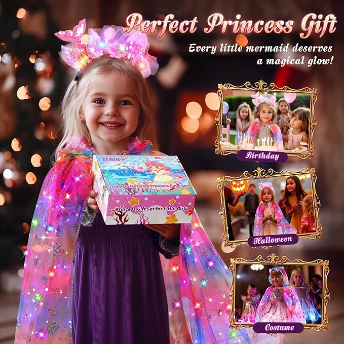 Fedio Mermaid Toys Princess Dress up for Girls,Mermaid Light Up Princess Cape Set,Toddler Dress up Toys Christmas Birthday Halloween Gifts for 3-8 Years Old