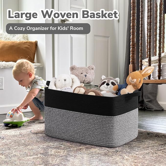 Goodpick Large Woven Rope Blanket Basket, Rectangle, Black & Gray | 21.6'' x 14.9'' x 11.8'' Storage Basket for Toys & Nursery Essentials, Living Room & Bedroom Organization, Reinforced Handles