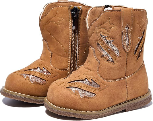 Newsonet Baby Cowboy Cowgirl Boots Infant Western Boots Toddler Boys Girls Round Toe Riding Mid Calf Boots All Seasons for 6 9 12 18 24 Months