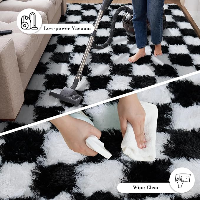 Checkered Rug for Bedroom, 3x7 Black and White Area Rugs, Classic Checkered Carpets Shag Area Rug, Bedside Rugs for Living Room Bedroom Room Home Decor