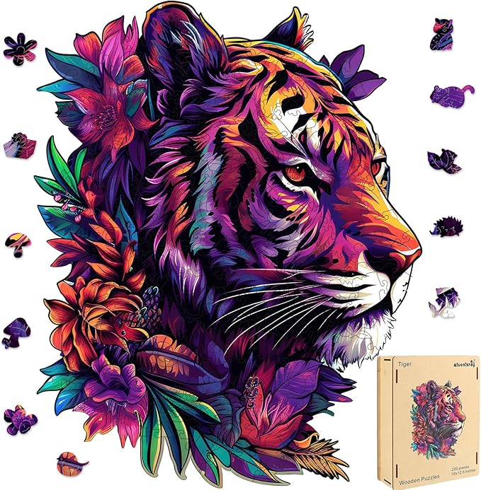 Qiuenisray Wooden Puzzles for Adults 500 Pieces, Tiger Flower Jigsaw Puzzles, Home Decor, FSC Certified Royal Unique Shape Animal Adult Puzzles, Best Gift for Family Game 13.8x17.4 in