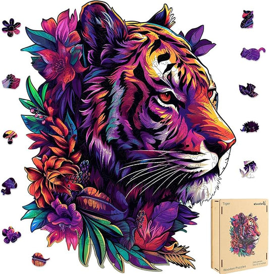 Qiuenisray Wooden Puzzles for Adults 500 Pieces, Tiger Flower Jigsaw Puzzles, Home Decor, FSC Certified Royal Unique Shape Animal Adult Puzzles, Best Gift for Family Game 13.8x17.4 in