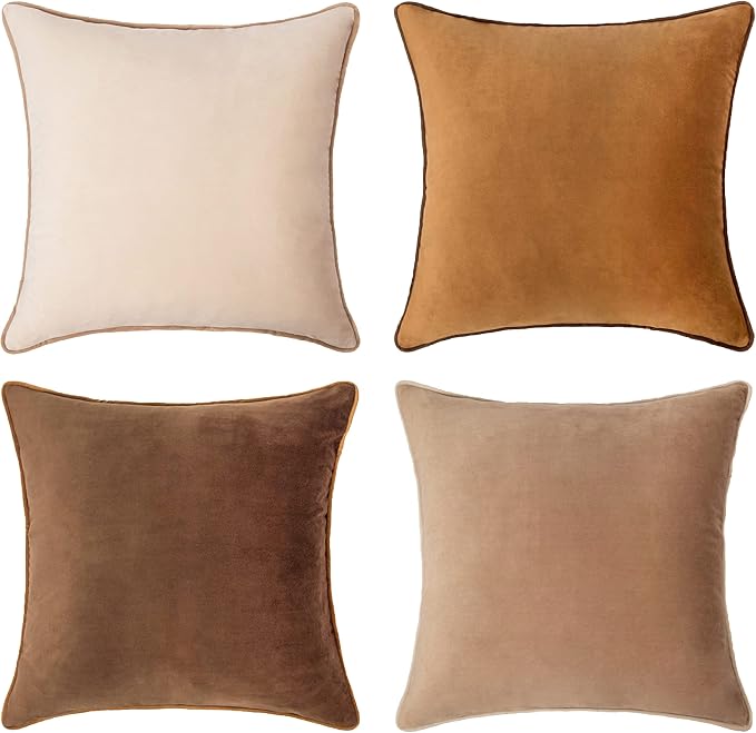 MONDAY MOOSE Decorative Throw Pillow Covers Cushion Cases, Set of 4 Soft Velvet Modern Double-Sided Designs, Mix and Match for Home Decor, Pillow Inserts Not Included (22x22 inch, Brown/Beige)