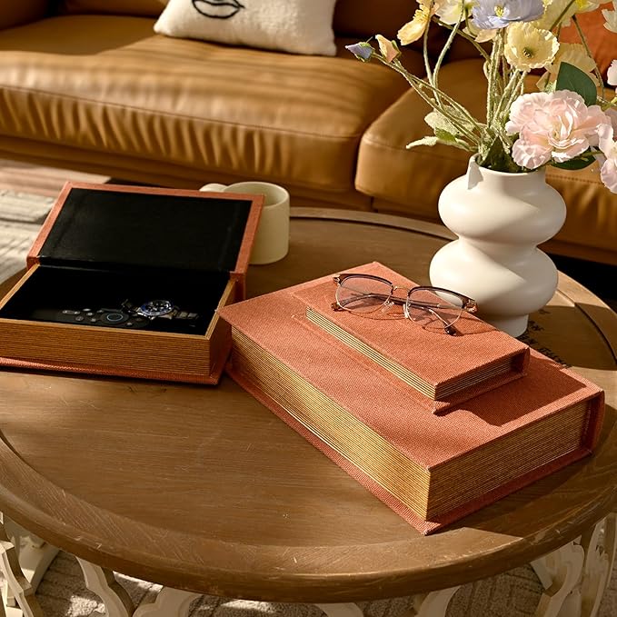 DECOR4SEASON Decorative Book Boxes Set of 3 – Modern Faux Linen & Wood Hidden Storage for Coffee Table – Stackable Fake Books for Shelf Decor, Remote Control & Jewelry Organizer (Rust Brown)