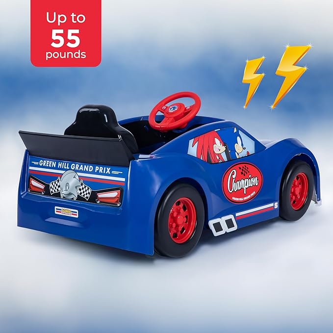 Sonic The Hedgehog 6V Grand Prix Kids Ride on Car, Rechargeable Battery, Working Headlights, Sounds, Hood Storage, 1.9mph Speed, Exciting Ride On Toys for Children Ages 3 and Up