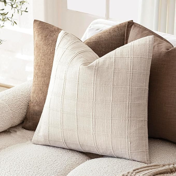 Foindtower Set of 2 Decorative Linen Check Throw Pillow Covers Neutral Farmhouse Vintage Cushion Covers Modern Boho Home Decor for Sofa Chair Couch Bedroom Living Room,16×16 Inch,Natural Beige