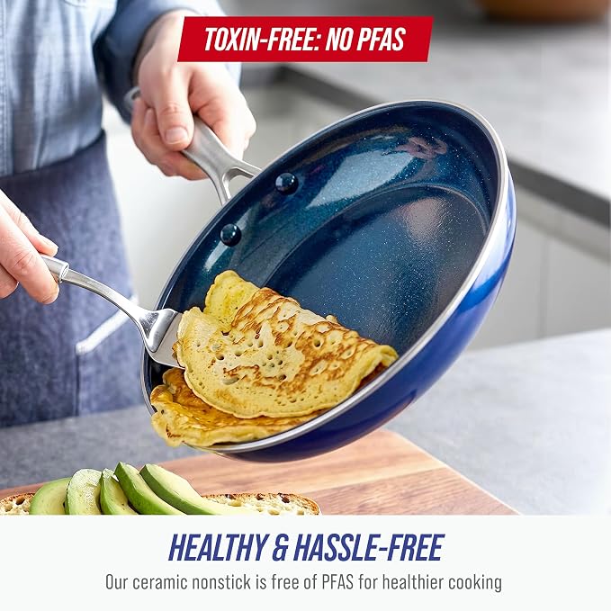 Blue Diamond 2 Piece Nonstick Frying Pan Set, 9.5” & 11" Skillets, PFAS-Free Ceramic, Dishwasher & Oven Safe, Stainless Steel Handle, Durable Metal Utensil Safe, Egg & Omelet Pans, Blue | 9.5" x 11" Skillets, PFAS-Free Ceramic Nonstick, Dishwasher & Ov...