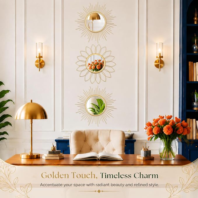 3 Pack Metal Mirrors for Wall Sunburst Wall Mirrors Home Décor Decorative Hanging Wall Art for Living Room Bedroom Entryway (Gold, Flower+Sunburst)