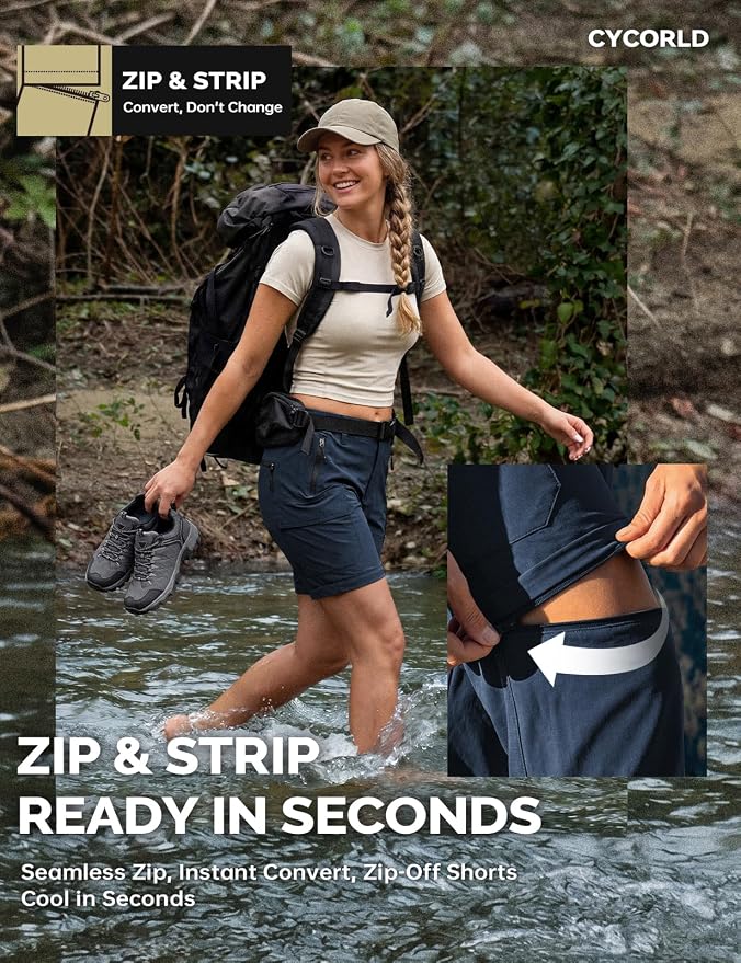 Cycorld Women's-Hiking-Pants-Convertible Quick-Dry-Stretch-Lightweight Zip-Off Outdoor Pants with 5 Deep Pockets