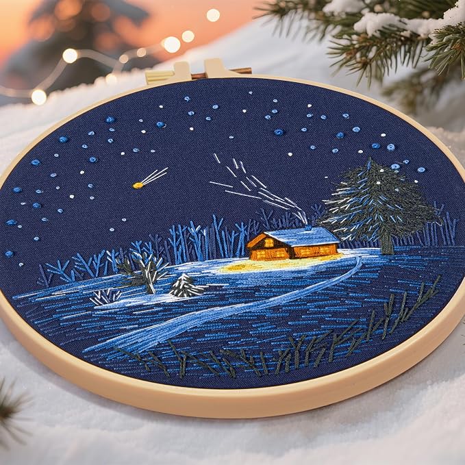 Christmas Embroidery Kits for Beginners Adults, Winter Hand Embroidery Starter Kits, Christmas Cross Stitch Kits for Beginners Needlepoint DIY Kits for Adults, Embroidery Hoop, Thread & Video Tutorial