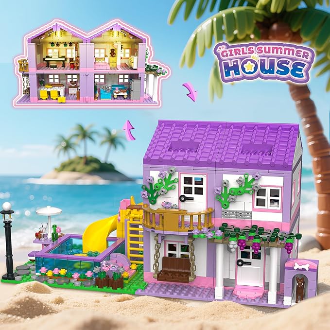 Purple Girls Summer Villa Friends Building Set Compatible with Lego 3 in 1 Friends Construction Educational Toy for Kids Age 8-12 and Up 1081 PCS
