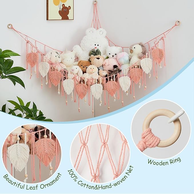 Pretty Jolly Macrame Stuffed Animal Hammock with Beads Hand Woven Leaf Tassels Corner Hanging Net Boho Plush Holder for Kid Room Nursery Decor Easy Install Organizer for Girls Gift(Leather Pink)