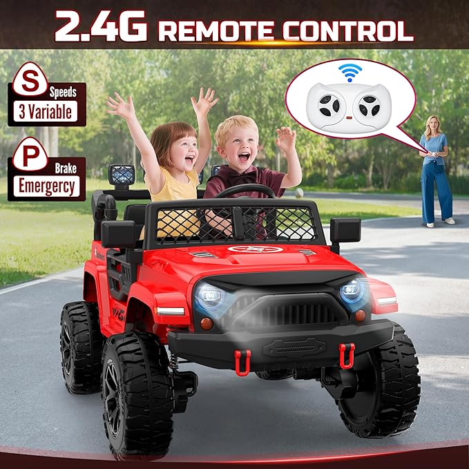 ARBELI 2 Seater Ride On Car for Kids, EVA Tires, 24V 4WD Electric Car w/Remote Control, Bluetooth, LED Lights, Ride On Truck for Boys and Girls Aged 3-8, Red