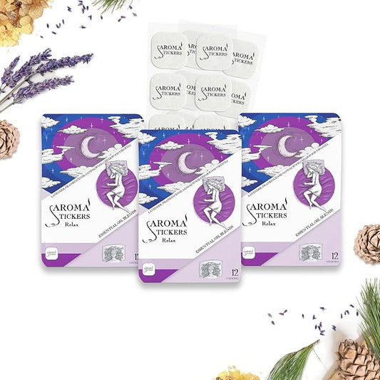 AROMA STICKERS® Original Blend Relax Edition - 100% Natural Essential Oil Scented - Diffuser Stickers for Personal Space - Lavender/Relaxing $ Sleeping (Pack of 3, Total of 36 Stickers)