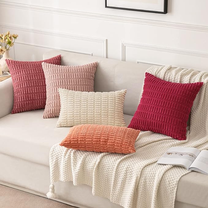 MIULEE Corduroy Decorative Throw Pillow Covers 20x20 Crimson Pack of 2 | Soft Boho Striped Pillow Covers Modern Farmhouse Home Decor For Sofa Living Room Couch Bed