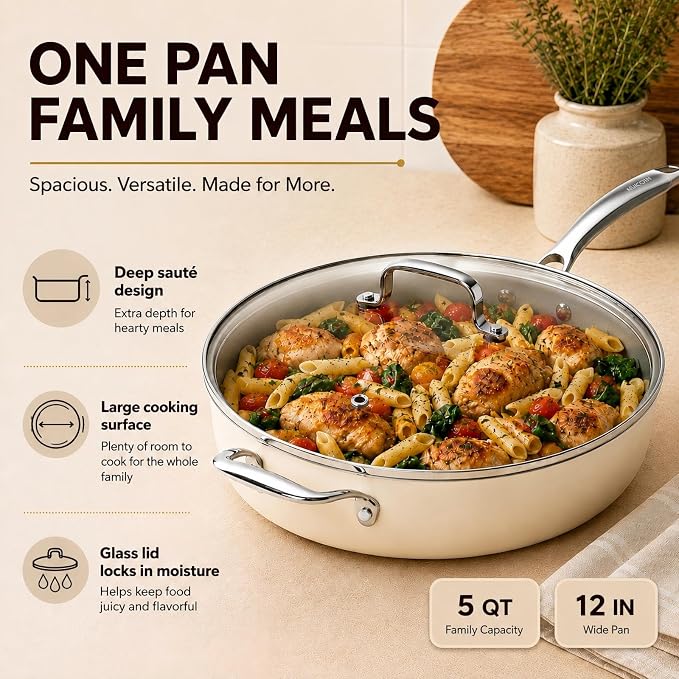 Kikcoin 12 Inch Ceramic Nonstick Frying Pan with Lid, 5 QT Deep Saute Pan for Cooking, Induction Ready Skillet with Stay Cool Handle, PFAS/PTFE/PFOA Free, Oven & Dishwasher Safe