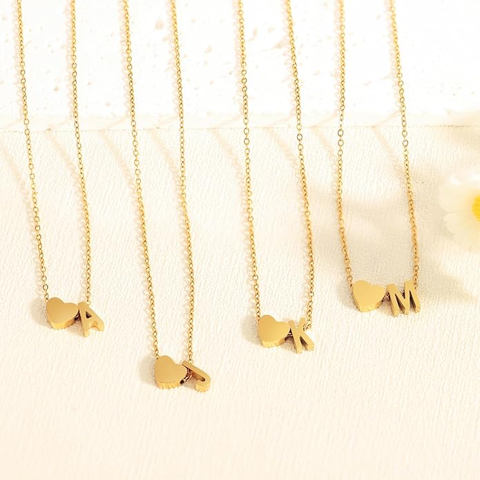 Heart Initial Necklaces for Women Girls, 18K Gold Plated A-Z Initial Necklace Tiny Heart Necklace Dainty Gold Initial Necklaces for Women Trendy Jewelry Gifts for Teen Girls
