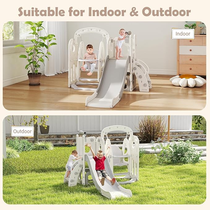 kinbor Toddler Swing and Slide Set - Indoor Outdoor Baby Slide for Toddlers 1-3, Toddler Playground with Basketball Hoop & Storage – Safe, Sturdy Kids Indoor Outdoor Playset